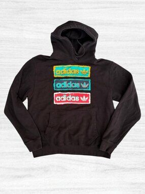 Adidas Originals HT7333 Tri Linear Black Fleece Colorful Hoodie Sweatshirt L